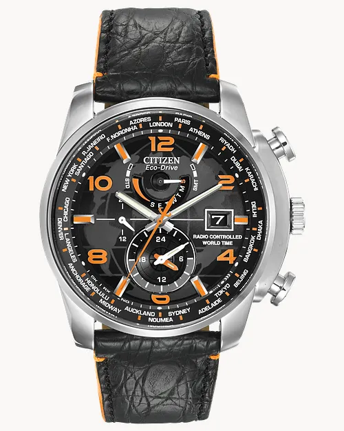 World Time A T Black Dial Genuine Crocodile Strap AT9010 28F CITIZEN